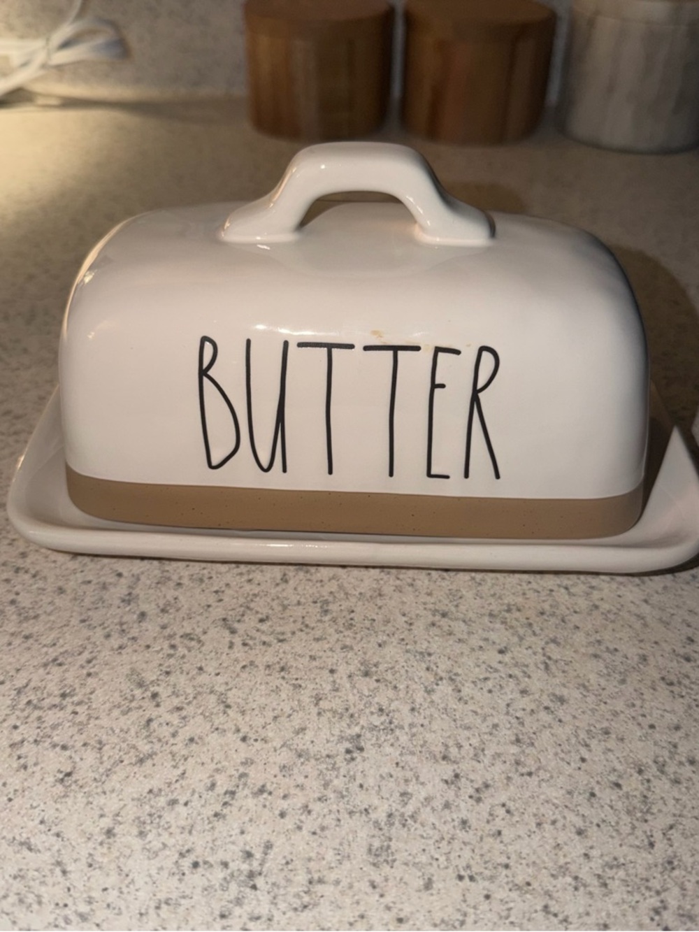 Rae Dunn White Ceramic Butter Dish with Tan Band and Black Lettering